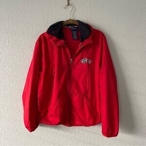 Butter Mom Vintage Jacket Windbreaker Red & Navy with Floral Detailing and Hood